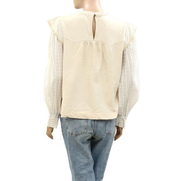 270970 Free People Floral Embroidered Blouse Top Swiss Dot Crochet Lace M New - Picture 3 of 4